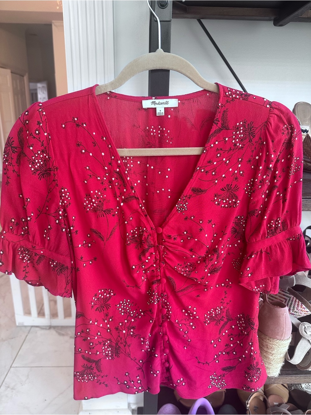 Madewell Red Floral Ruched V-Neck Button-Front Blouse